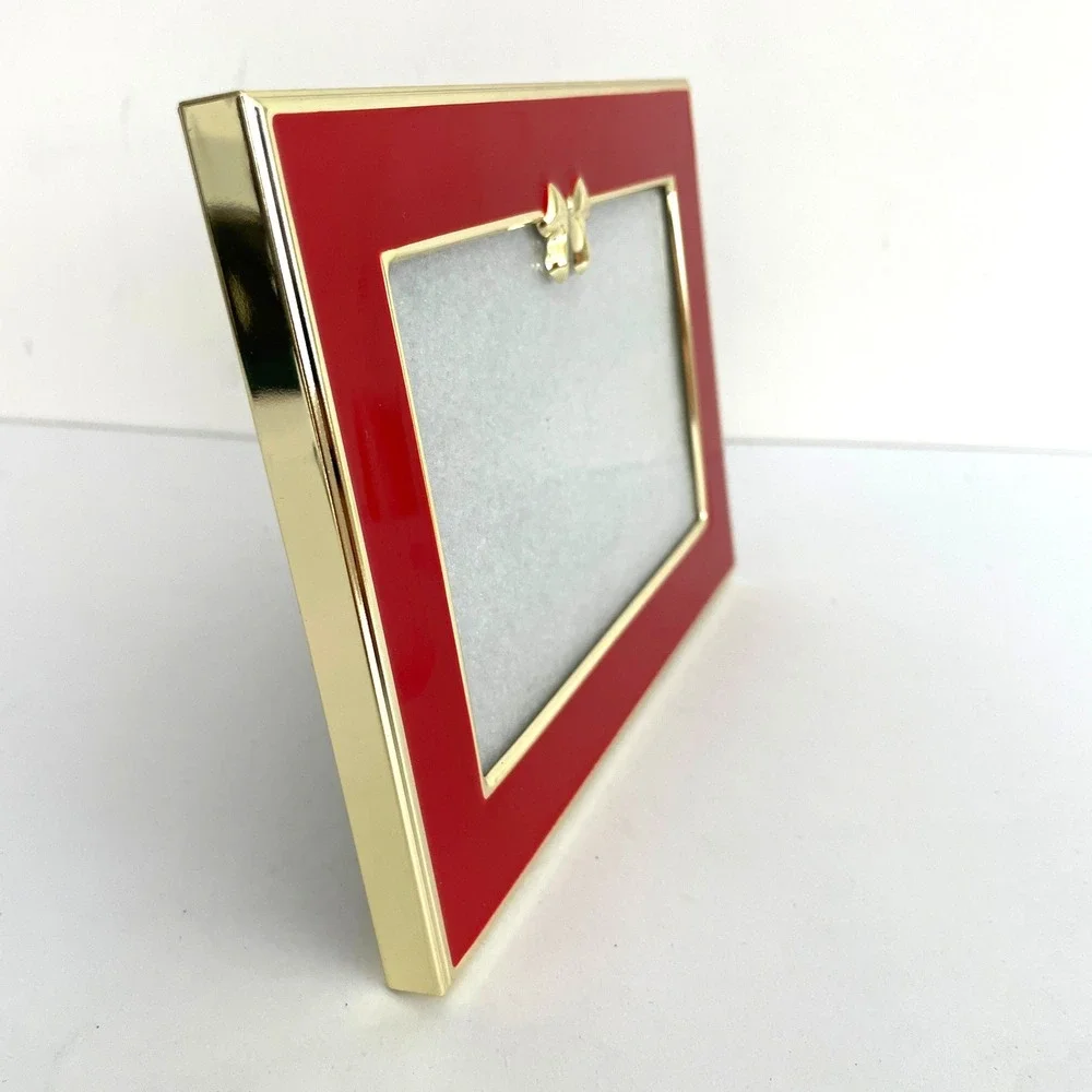 Vintage Red Enamel Gold Tone Bow Picture Frame 4x6 Landscape Tabletop Wall Decor